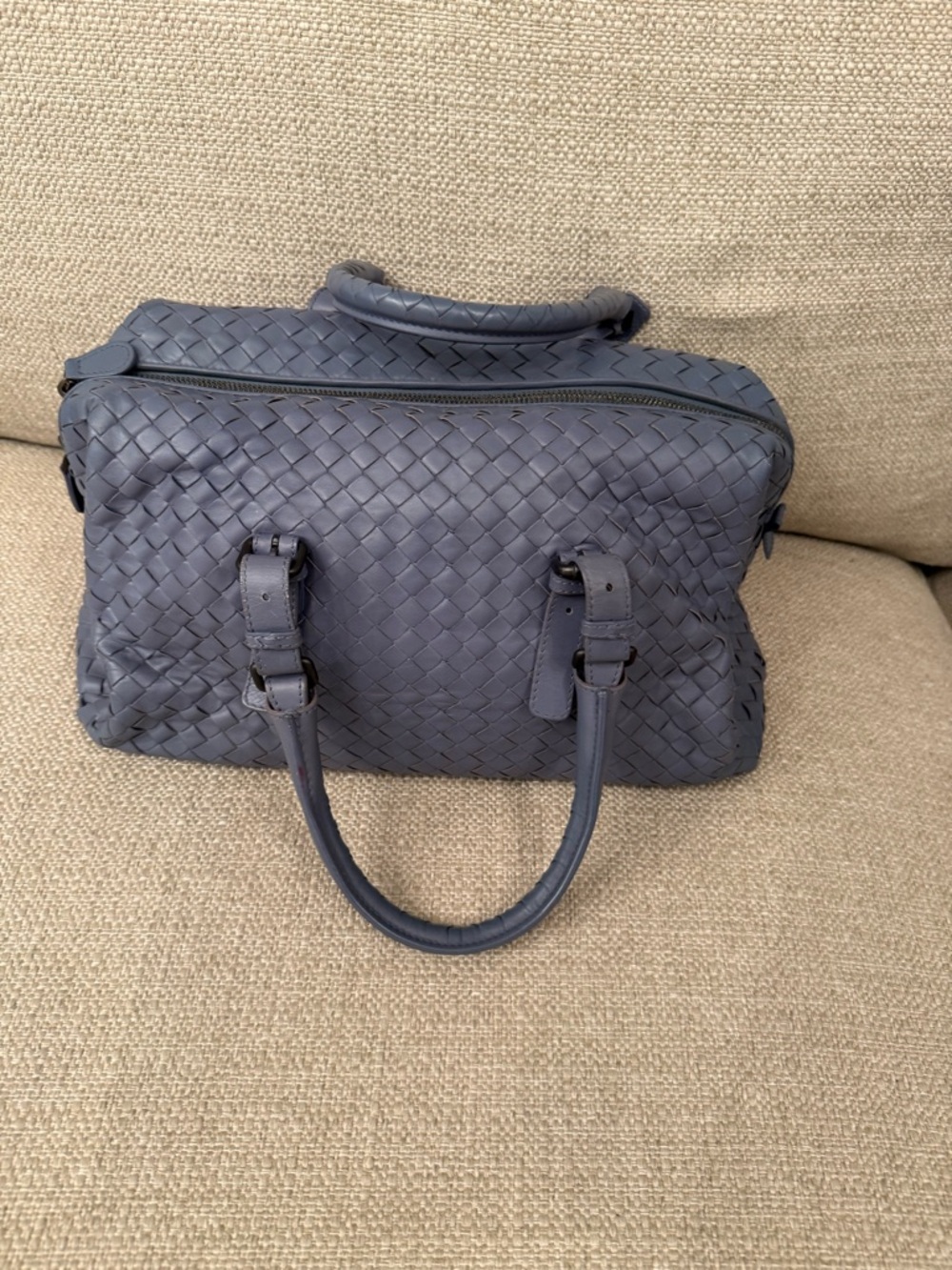 Woven Leather Satchel Bag in Slate Blue